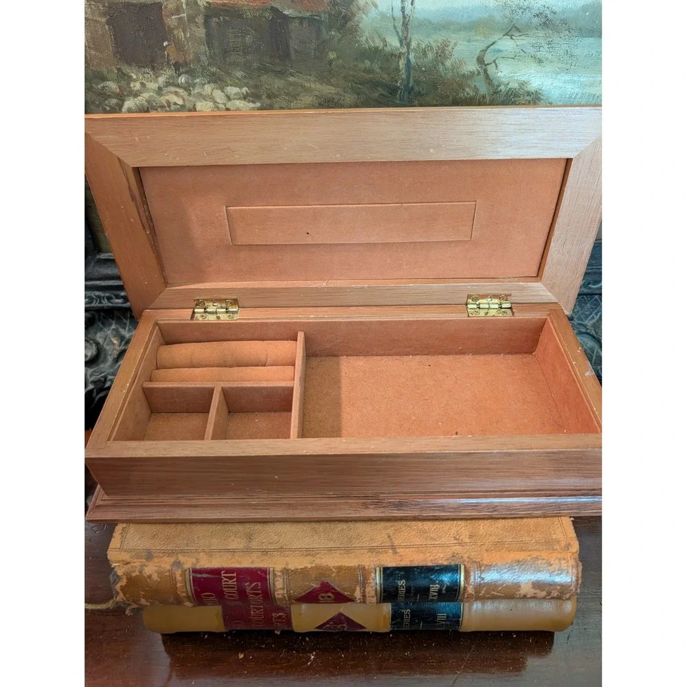 Vintage Wooden Jewelry Box Hinged Lid Velvet Lined Ring Organizer 11x5x2.5